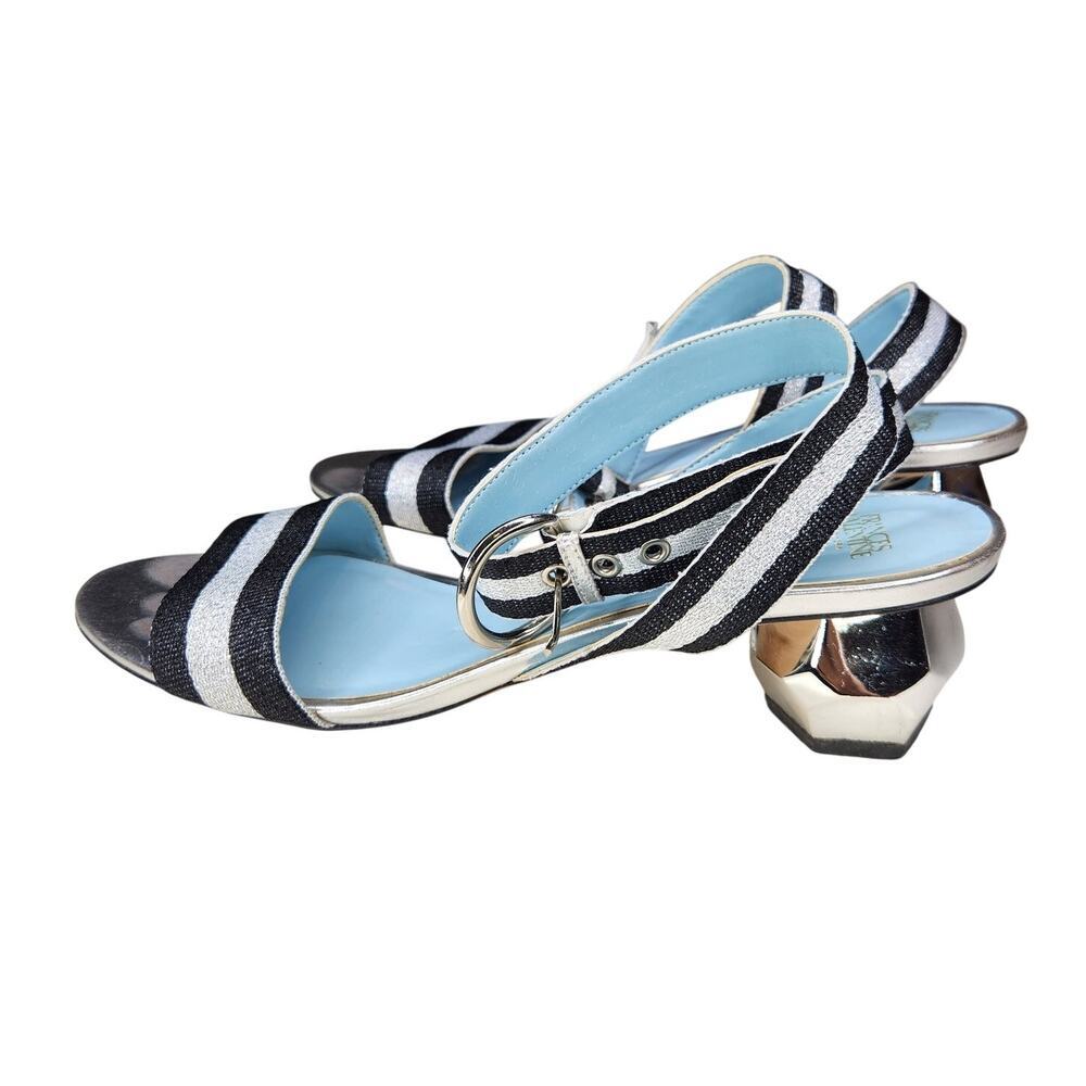 Frances Valentine Sandal Round Facet Block Heel Striped Ankle Strap 10